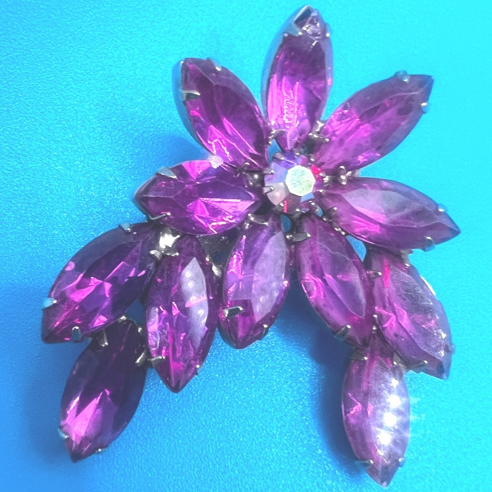 Vintage Rhinestone Brooch Fuchsia Prong Set Floral MCM